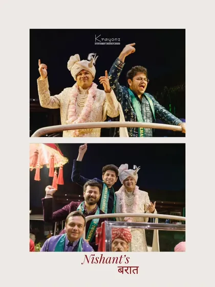 Nishant's baraat, full of energy and excitement. The groom and his friends celebrate on their way to the wedding venue.