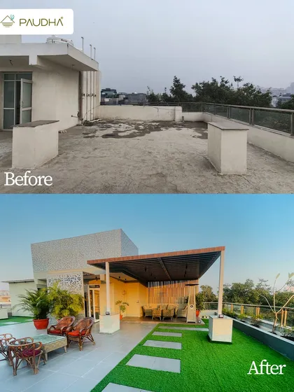 I believe every empty rooftop holds the potential for paradise. This before and after shows a complete terrace transformation, turning a barren concrete slab into a lush, multi-zone garden with artificial grass, a shaded pergola for dining, and comfortable seating areas. This is how we create a true extension of your home.