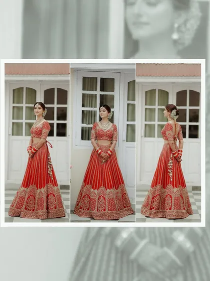 A triptych of a bride in a traditional red lehenga, displaying the outfit from the front, side, and back to capture every intricate detail.