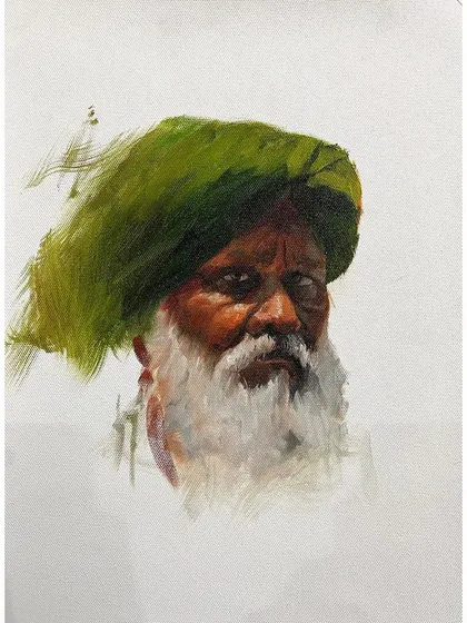 Another oil portrait study, this time focusing on a striking green turban. The contrast between the dark skin tones and the bright fabric creates a powerful visual, and the direct gaze of the subject is full of intensity.