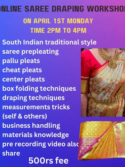 This workshop broke down the pleating process into pallu, cheat, and center pleats for detailed learning.