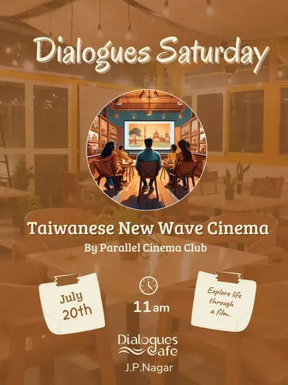 An event graphic for the Taiwanese New Wave Cinema club, inviting people to explore life through film in a cozy setup.