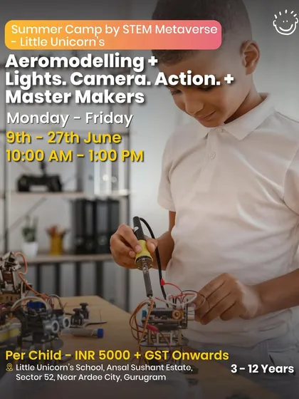 A summer camp focused on Aeromodelling, Lights Camera Action, and Master Makers for kids aged 3-12.