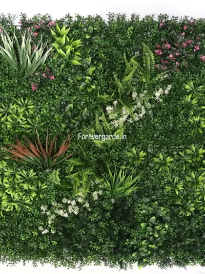 A sample panel showcasing a mix of light greenery, pink and white flowers, and darker leaves, demonstrating our ability to customize for different color schemes.