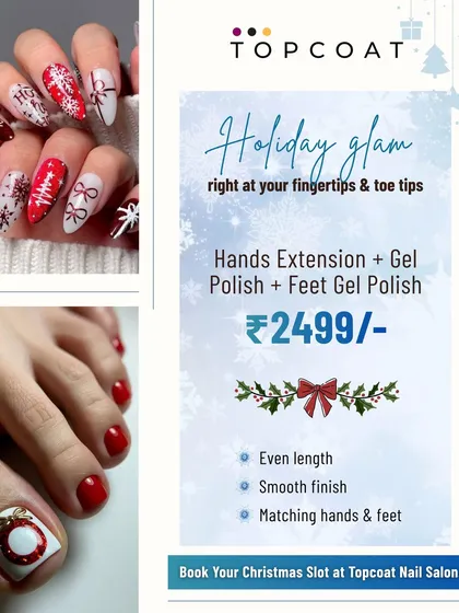 Our holiday glam offer, perfect for getting ready for Christmas parties. This package includes hand extensions with gel polish and a matching gel polish for your feet.