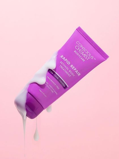 This shot is all about that satisfying drip. We captured the rich, creamy texture of this body treatment as it flows down the side of the tube, set against a soft pink background to highlight the product's color.