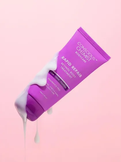 This shot is all about that satisfying drip. We captured the rich, creamy texture of this body treatment as it flows down the side of the tube, set against a soft pink background to highlight the product's color.