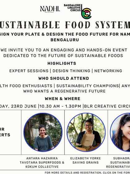 A poster for our "Sustainable Food Systems" workshop. This event, in collaboration with Nadhi, is a design-thinking session to help design the food future for Namma Bengaluru.