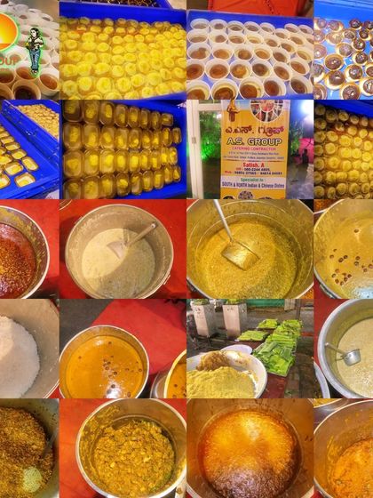 A collage showcasing the variety of food we prepare. It includes sweets, savories, different types of curries, and spice mixes, all made fresh for the event.