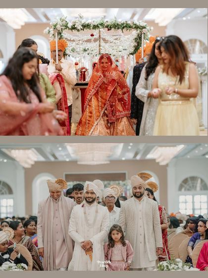 A diptych capturing the bride's entrance and the groom's anticipation. These shots tell the story of two people about to meet at the altar.