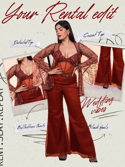 A graphic edit showcasing our rust-colored Indo-Western outfit, perfect for your wedding season mood board.