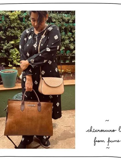 Our dear patron Adyasha from Pune with her Tuesday Sling in Woven Oyster and her Big Parker tote in Madagascar croc-embossed leather. A true collector.