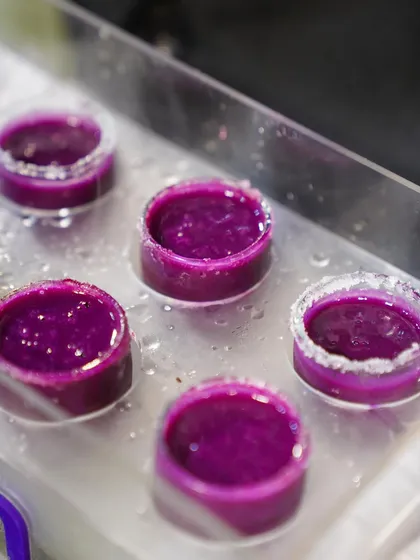 A close up of our unique Jamun Shots. We use the finest jamuns to create this liquid enlightenment, a perfect palate cleanser or a light dessert.