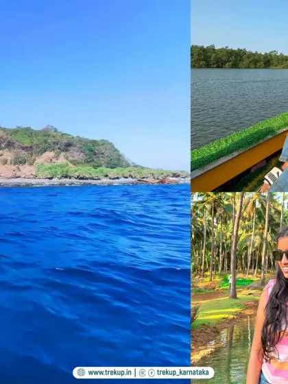 A collage from a recent trip showing the clear blue waters of Netrani Island and the lush backwaters of Honnavara.