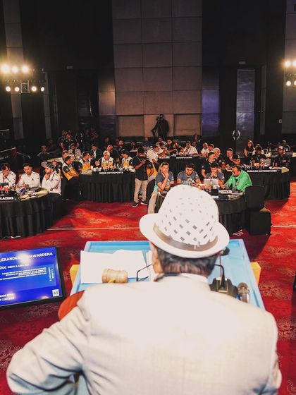 A view from behind the auctioneer at the ISRL Grand Auction. We created a high-pressure, high-stakes environment with our professional setup and live event management.