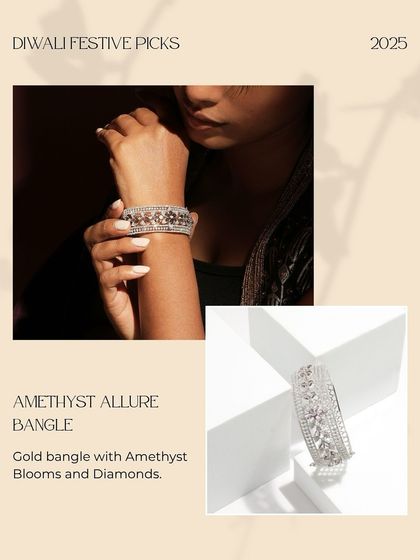 This Amethyst Allure Bangle, a variation of the floral motif design, is featured as a Diwali pick. It combines amethyst blooms with diamonds for a touch of festive color.