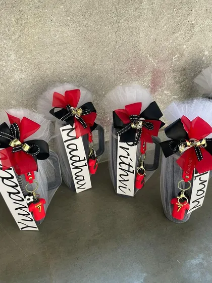 Another set of football-themed personalized mugs, this time in a red and black colorway. We love working with clients to bring their specific party themes to life.