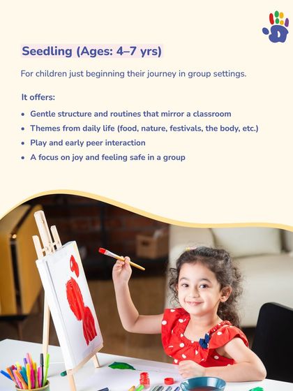 Our 'Seedling' module, for ages 4-7, is for children just beginning their journey in group settings. We offer a gentle structure with themes from daily life, focusing on joy and feeling safe in a group through play and early peer interaction.