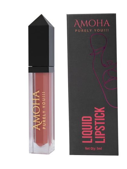 The dusty rose 'Amoha' lipstick next to its box, isolated on white.