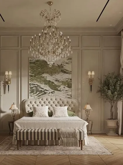 A bedroom should be a sanctuary of calm and elegance. In this room, I used a harmonious blend of creamy beiges and muted greens, enhanced by classic European wall paneling and a large, contemporary artwork to create a space that balances classical design with soft, modern undertones.