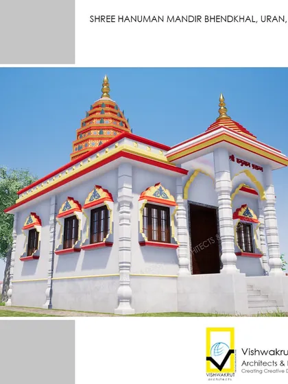 A 3D visualization of the Hanuman Mandir from a slightly different angle, emphasizing its strong, symmetrical form.