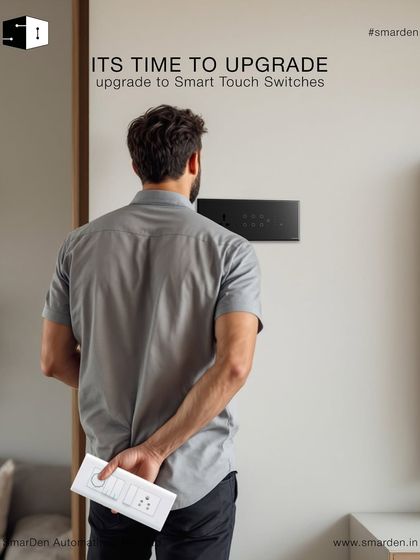 It's time to upgrade. Here a client is holding an old, basic switch while looking at the sleek, modern smart touch switch I installed. One touch, one panel, one decision that changes everything.