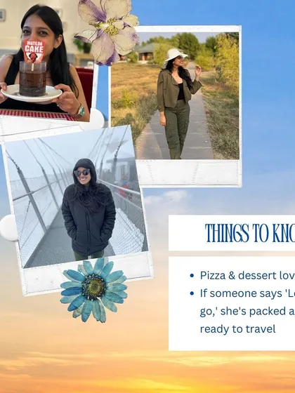 A few fun facts about Rajvi. She's a pizza and dessert lover who is always ready for a new adventure, bringing that same spirit to our brand.