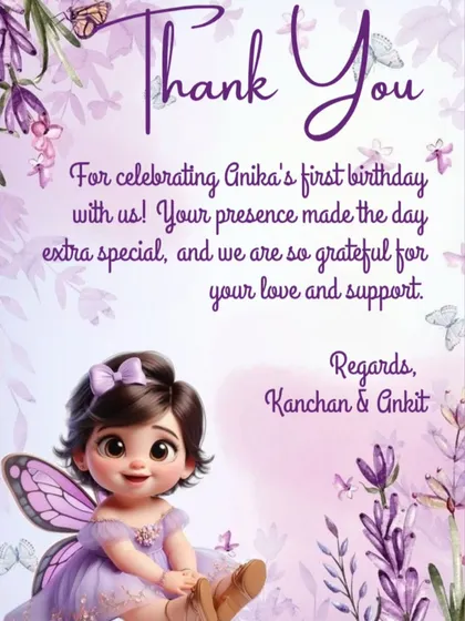 A custom thank you card designed for Anika's first birthday, matching the lavender fairy theme.