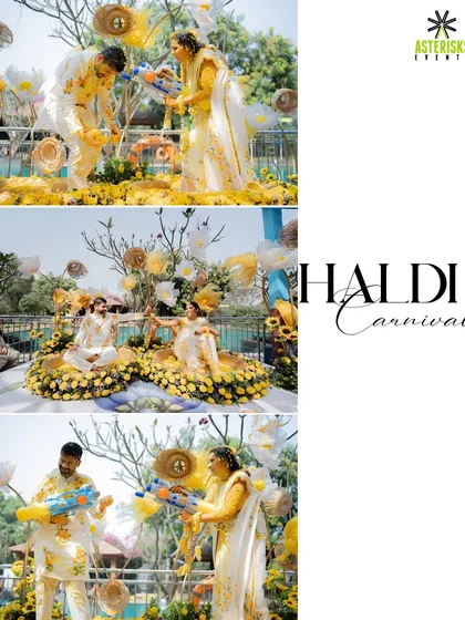 A collage showing the couple's "Haldi Carnival," where they playfully spray each other with water guns filled with turmeric water.