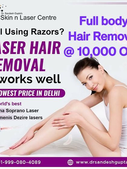 Still using razors? This promotional image highlights our affordable full-body hair removal packages using the world's best Alma Soprano and Lumenis Desire lasers.