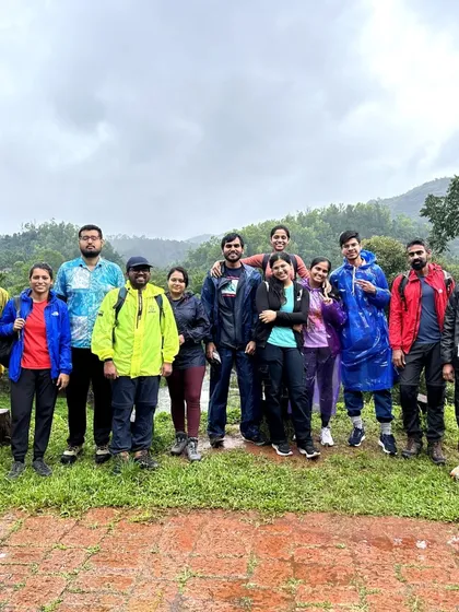 The group at the base of the Kurinjal trek, by the river.