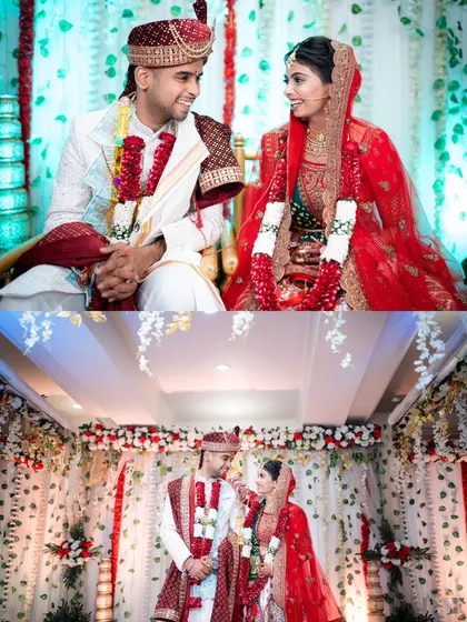 A collage of the couple during their wedding ceremony, seated at the mandap. Their loving glances and smiles show their happiness.