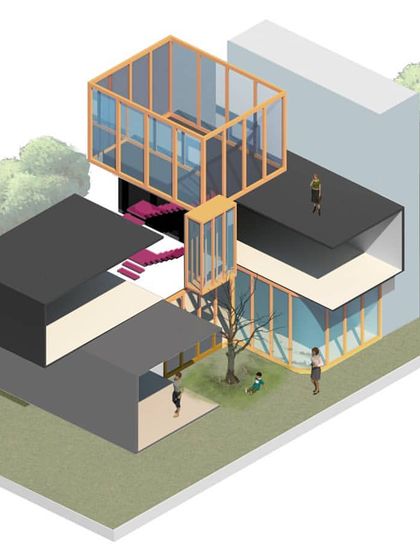 An axonometric drawing for Residence C in Omaxe City. This diagram shows the stacking and interlocking of different volumes, including a transparent glass box, to create multiple levels of indoor and outdoor spaces connected by an external staircase.