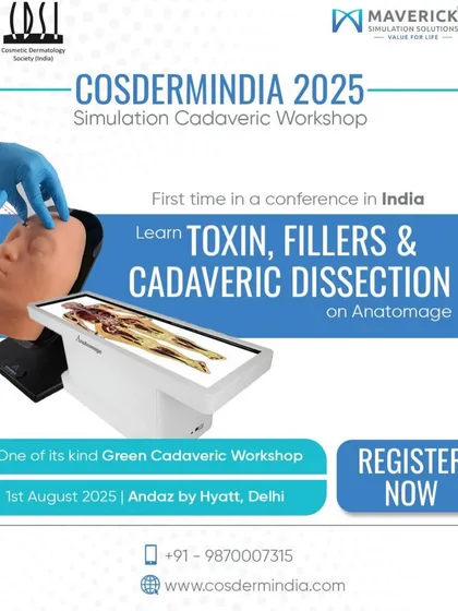My training goes beyond the surface. This poster announces our groundbreaking Simulation Cadaveric Workshop, where we use advanced Anatomage tables to explore facial anatomy. This is essential for learning safe and precise injection techniques for toxins and fillers.