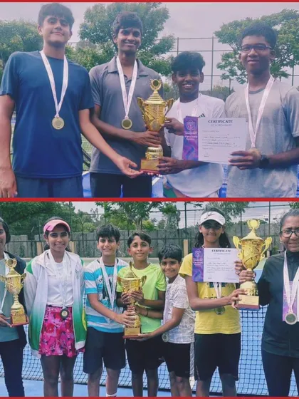 Success is a team effort. This collage celebrates the multiple winners from our academy at the Inter-School Tennis Tournament, showcasing the depth of talent we nurture across different age groups and the collective pride of the Sol Sports family.