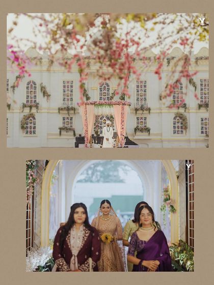 A collage of the bride's entrance and the view of the stunning mandap. The images capture the grandeur of the venue and the emotional walk down the aisle.