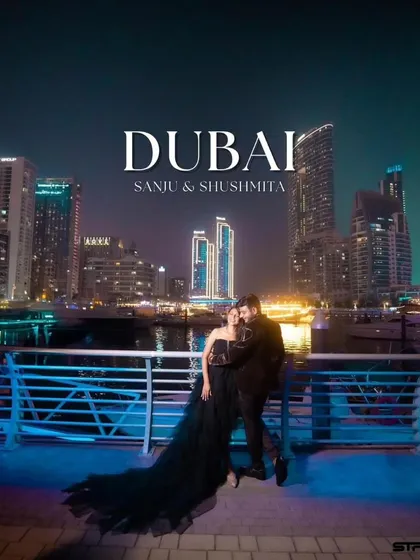 Your pre-wedding shoot deserves a touch of glamour. This couple looks incredible against the Dubai skyline at night. My black trail gown adds the perfect amount of drama and sophistication for a modern, urban pre-wedding photoshoot. I can ship my outfits anywhere you need them.
