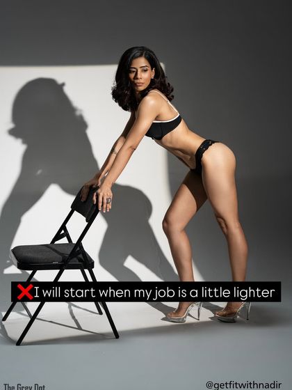 A photo of a fit client with the crossed-out excuse "I will start when my job is a little lighter." This directly confronts common procrastination tactics.