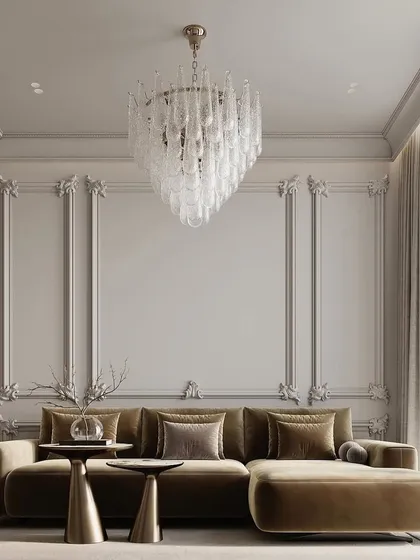 The same living room render from a different angle, showcasing the grand scale of the chandelier and the elegant wall paneling. 3D views help us confirm every design choice.