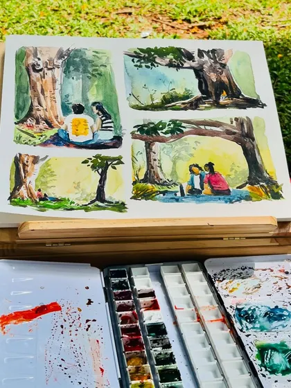 Another angle of my Cubbon Park studies, showing my messy palette and the vibrant colors I used.