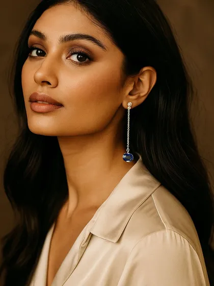 We designed these earrings for the woman who defines her own elegance. A delicate chain descends from a diamond stud, culminating in a deep blue gemstone that moves with a life of its own. It is a piece that speaks with quiet confidence, without saying a word.