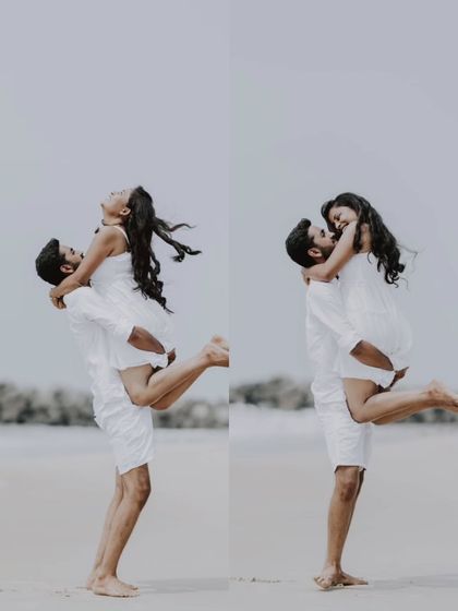 A collage of a couple's joyful embraces on the beach, dressed in coordinated white outfits.