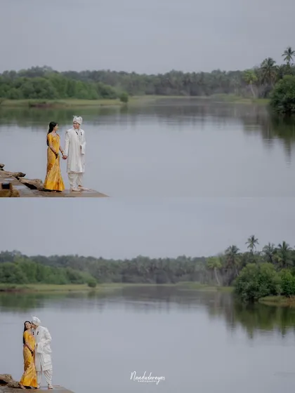 A two-panel shot showing a couple standing by the river, first holding hands and then in a gentle embrace, capturing the peacefulness of the location.