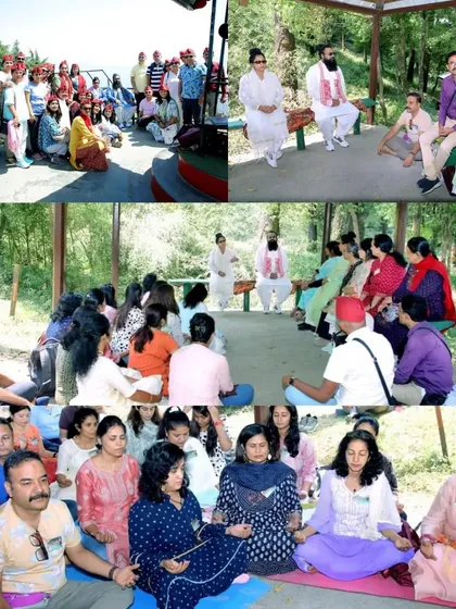 A collage from our Himalayan retreat showing a meditation session held outdoors amidst the forest. Connecting with nature is a key part of our practice, amplifying the healing energies.