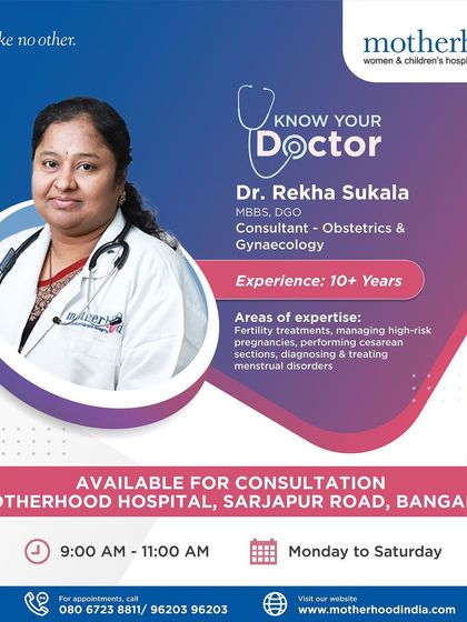We'd like to introduce Dr. Rekha Sukala from our Sarjapur, Bangalore team. With over 10 years of experience in fertility treatments and high-risk pregnancies, she is committed to guiding you with personalized care at every stage.