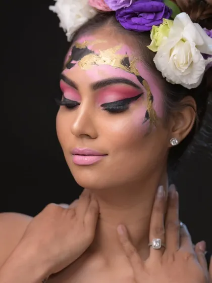 Another pose from the floral editorial, showing the makeup from a slightly different angle.