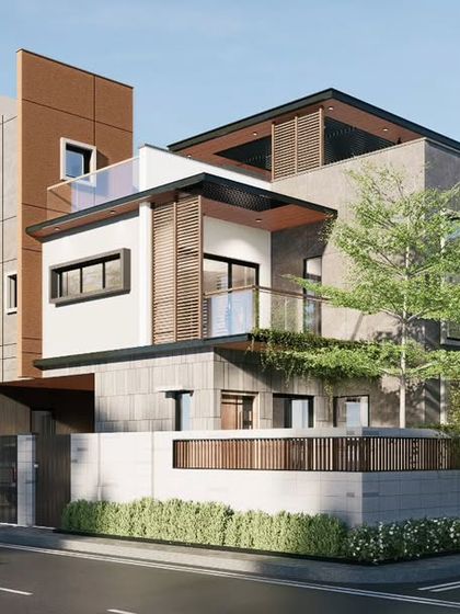 A 3D render of an upcoming contemporary home at Prestige Glenmorgan, designed for a 4800 sq. ft. corner plot. The design uses subtle massing and a mix of materials to create a modern, chic abode with deep balconies for shading.