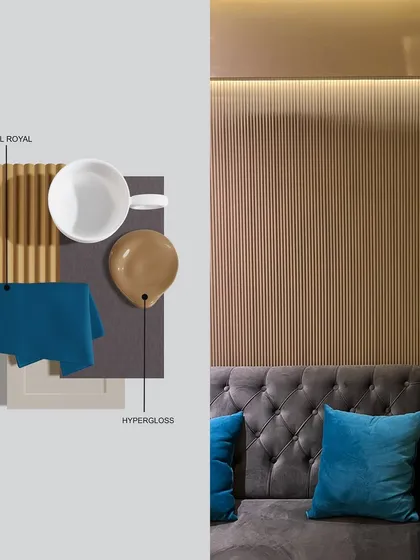 An example of our material and color palette development. This mood board shows the translation from concept, featuring teal royal fabric and hypergloss finishes, to the final executed living space with a tufted sofa and fluted wall paneling.