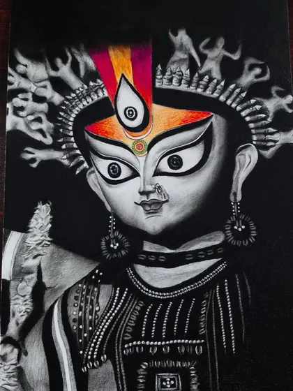 A striking portrait of Maa Durga, using a black background and pops of color to create a powerful and traditional artistic style.