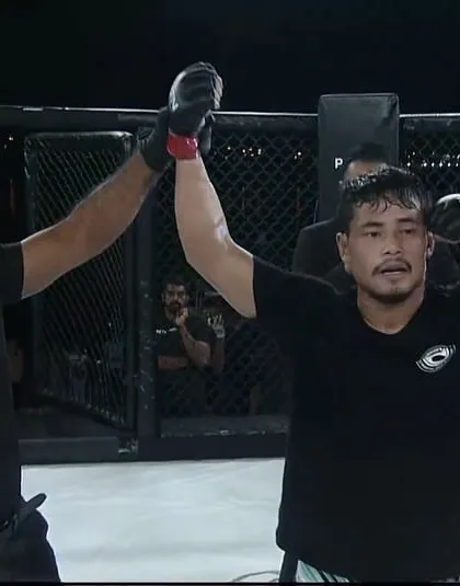 Victory. Our fighter Dinesh Naorem gets his hand raised after a dominant performance in his professional debut at MFN 10 in Dubai.